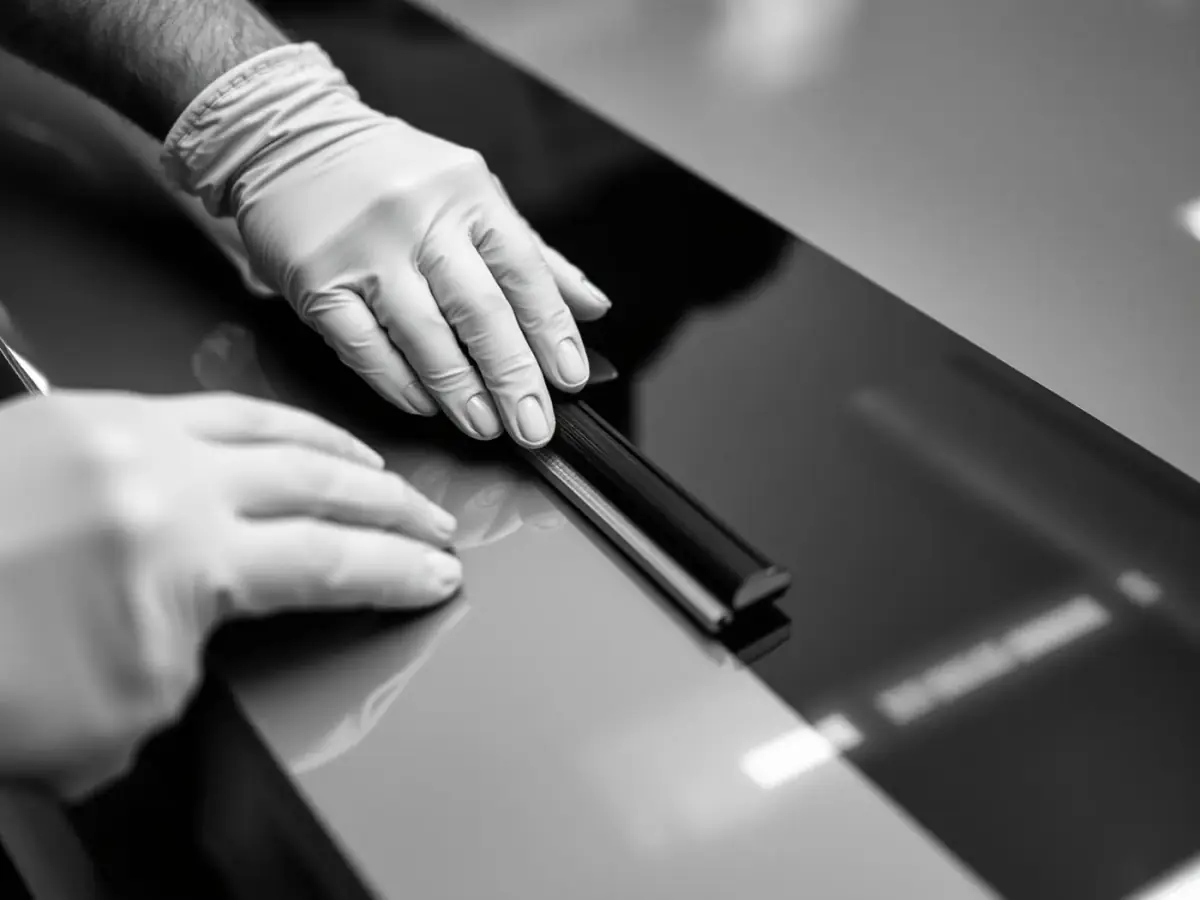 Vakman brengt zelfklevende folie aan in het atelier van BelgaSign